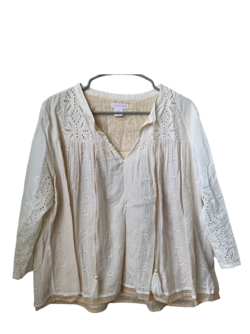 SHABBY CHIC Women’s Cream Tan Embroidered Lined Cotton Gauze Boho Blouse